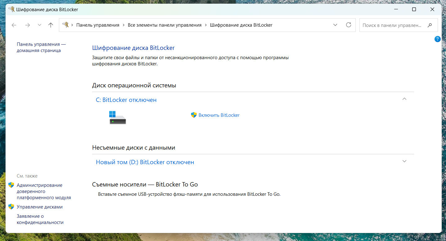 Окно управление BitLocker со ссылкой на включение шифрования